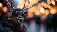 Stylish reindeer wearing sunglasses and winter scarf against blurred bokeh lights background, creating whimsical holiday atmosphere with modern twist.