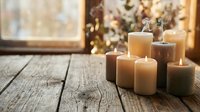 Lit candles in varying heights and warm tones arranged on rustic wooden surface with blurred greenery and window background, creating cozy ambiance for home decor, wellness, and relaxation design projects.