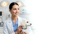 Young female veterinarian in white coat holding small white dog in modern clinic examination room with medical equipment and lighting.