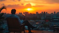 Silhouette of man sitting in chair on rooftop terrace, enjoying sunset over urban skyline with vibrant orange sky and palm leaves in foreground.