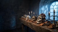 Medieval dungeon interior with human skulls, bones and candles on wooden table creating dark atmospheric scene for horror fantasy projects.