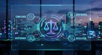 Digital justice scales hologram with compliance governance regulation icons floating over modern city skyline at night for legal technology concepts.