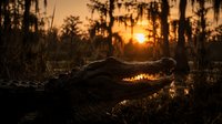 Alligator resting in wetland marsh during golden hour sunset with Spanish moss trees silhouetted against warm orange sky creating dramatic wildlife scene.