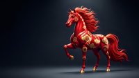 Red ornate horse with golden decorations rearing on hind legs against dark background. Majestic stallion with flowing mane for luxury branding and festive designs.
