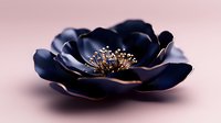 Dramatic navy blue anemone flower with golden stamens on soft pink background, macro photography showing delicate petals and intricate floral details.