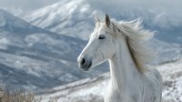 Majestic white horse with flowing mane against snowy mountain landscape, symbolizing freedom and wild nature in winter environment.