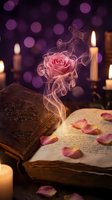 Pink rose with ethereal smoke rising above open antique book surrounded by candles, petals, and purple bokeh lights. Perfect for romance, fantasy, and magical themes.