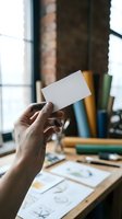Hand holding blank white business card in modern office workspace with documents and colorful folders on desk for branding mockup and corporate identity design.
