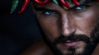 Dramatic close-up portrait of bearded Hispanic man with intense blue eyes and red chili peppers in dark moody lighting, capturing sensual and mysterious atmosphere.