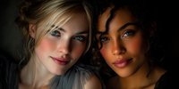 Two diverse young women with natural makeup posing together in warm lighting for friendship and beauty concepts in portrait photography.