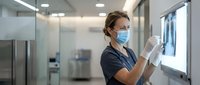 Female healthcare worker in surgical mask examining medical documents in modern hospital corridor with professional lighting and equipment.