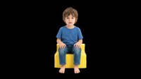 Toddler boy with light brown hair, Caucasian ethnicity, wearing blue t-shirt and jeans, sitting on yellow chair. Isolated on transparent background, ready for clipart, t-shirt design, print-on-demand, and sublimation projects.