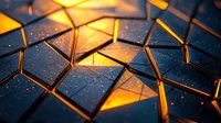 Geometric hexagonal pattern with glowing orange light through dark metallic surface covered in water droplets creates dramatic technological background.