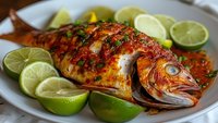 Grilled whole fish with herbs and lime slices on white plate. Fresh seafood dinner with citrus garnish and seasoning for restaurant menu or cooking blog.