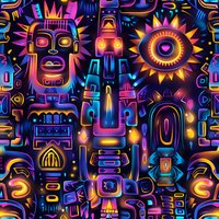 Vibrant neon tribal masks and totems form a seamless pattern with mystical symbols and geometric shapes in bright pink, blue, and orange against dark background.