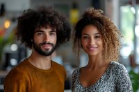 Young mixed-race couple with curly hair smiling at camera in modern indoor setting, casual clothing, warm lighting for lifestyle content.