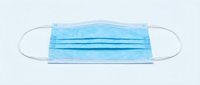 Disposable blue surgical face mask with elastic ear loops isolated on white background, ready for healthcare and medical design use.