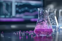 Laboratory glass flask containing bright pink glowing liquid with sparkles on dark background, scientific research concept in modern chemistry lab setting.
