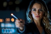 Young Caucasian businesswoman with wavy blonde hair holding glowing device in dark office setting with bokeh lights background, dramatic night portrait.