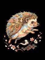 Decorative hedgehog with ornamental quills featuring floral patterns, surrounded by delicate flowers and botanical elements. Isolated on transparent background, ready for t-shirts, stickers, clipart, and print-on-demand designs.