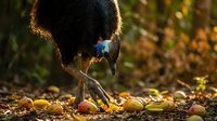 Southern cassowary bird foraging for fallen fruit on forest floor during golden hour lighting in tropical rainforest habitat.