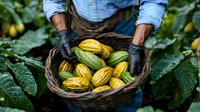 Fresh yellow and green cacao pods harvested in wicker basket by farmer wearing denim and protective gloves, surrounded by lush tropical cocoa tree foliage.