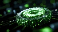 Glowing green quantum computing concept with circular light pattern and particles. Futuristic technology visualization against dark background.