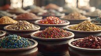 Colorful assortment of sweet sprinkles and candy toppings in rustic ceramic bowls, arranged in rows with warm lighting, for dessert decoration and baking.