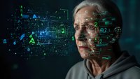 Senior Caucasian man with gray hair interacting with futuristic holographic data interface displaying digital numbers and analytics in dark tech environment.