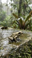 Small brown frog sitting on wet rock near stream in tropical rainforest with lush green vegetation and natural water habitat for wildlife photography.