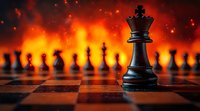 Black queen chess piece standing against dramatic fiery background with blurred pawns silhouettes, representing power, strategy and leadership in business concept.