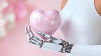 Robotic hand holding pink glossy heart against blurred pink background, representing artificial intelligence, love and technology fusion.