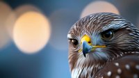 Close-up portrait of majestic brown hawk with piercing yellow eyes and detailed feather patterns against soft bokeh background for wildlife photography.
