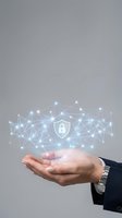 Businessman hand holding digital network with security shield icon representing cybersecurity and data protection technology solutions.