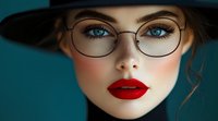 Glamorous woman wearing black hat and glasses with bright red lipstick against turquoise background. Close up portrait showcasing dramatic makeup and striking blue eyes.