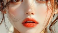 Close up portrait of young Asian woman with bright coral lipstick, natural glowing skin, and brown eyes looking directly at camera against light background.