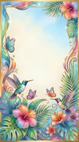 Colorful tropical frame with hummingbirds, butterflies, hibiscus flowers, and palm leaves in pastel watercolor style with gold accents.