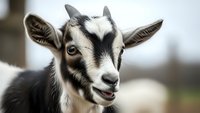 Young black and white goat kid with open mouth appearing to bleat or call out in farmyard setting with soft blurred background.