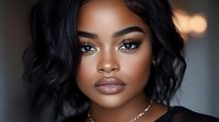 Young African American woman with flawless glowing skin, glossy nude lips, smokey eye makeup and wavy black shoulder-length hair against dark background with bokeh lights.