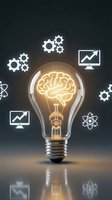 Glowing light bulb with brain filament surrounded by business innovation icons including gears, charts and atoms on dark background for creative concepts.