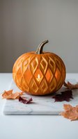 Carved pumpkin with intricate diamond pattern glowing from within, surrounded by autumn leaves on marble surface for seasonal home decor and Halloween crafts.
