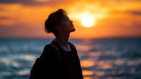 Young Asian man silhouette against dramatic orange sunset sky and ocean backdrop, face turned upward in peaceful contemplation, wearing casual dark clothing.