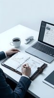 Business professional analyzing financial data and charts on clipboard with laptop computer and coffee cup on modern white desk workspace.