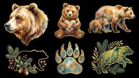 Watercolor brown bear clipart set with six elements isolated on transparent background, ready for stickers, t-shirt design, print on demand, and sublimation.