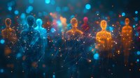 Glowing digital silhouettes connected by network lines against dark background with blue and orange light effects, representing social connectivity and technology.