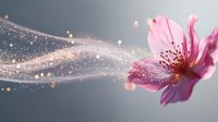 Pink cherry blossom with magical glowing sparkles and light trails on gray background, spring nature macro photography with bokeh effect and soft focus.
