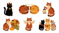 Cute cats collection with black and orange tabby kittens, sitting felines with autumn pumpkins and flowers, angel cat wings and lantern. Use for greeting cards, children's illustrations, seasonal designs.