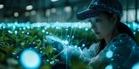 Young Asian woman in cap working in modern hydroponic greenhouse with glowing blue technology visualization overlay, perfect for agriculture innovation and smart farming concepts.