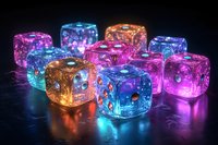 Glowing translucent dice with vibrant pink, blue, and orange colors illuminate dark surface, creating magical gaming atmosphere with neon reflections and sparkles.