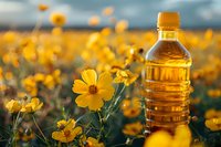 Plastic bottle of cooking oil against blooming yellow cosmos flowers field at sunset, natural organic product photography perfect for healthy lifestyle blogs.